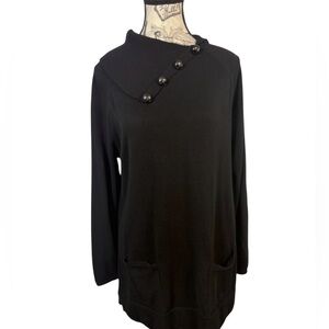 JEANNE PIERRE Black Asymmetrical Button Neckline Tunic w/ 2 Front Pockets Size M